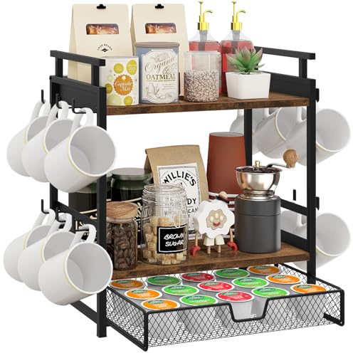 BCOZLUX Coffee Bar Organizer, 3 Tier Coffee Station Organizer for Countertop, Mug Cup Holder Stand with 12 Hooks, with K Cup Storage Drawer, Tea Organizers Accessories for Home Office