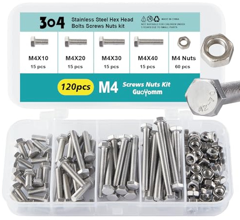 GuoYomm Lot de 120 vis M4 à tête hexagonale en acier inoxydable 304, boulons et écrous, vis pour machine, longueurs : 10 mm, 20 mm, 30 mm, 40 mm