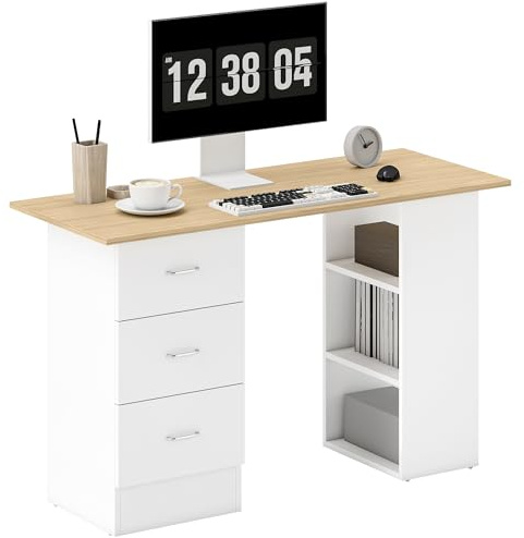 HOMCOM Computer Desk w/Drawers 120 x 49 x 72 cm Natural Wood and White | Home Office Desk, Writing Table, PC Workstation, 3 Storage Shelves, Working, Study