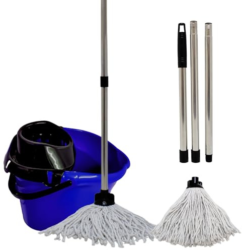 LITETRON Heavy Duty Cotton Mop and Bucket Sets (2 Mop Heads & 1 Steel Pole) with Detachable Wringer-Easy Assesmbly Sturdy Plastic Bucket & Floor Mop with Handle-Super Absorbant Microfibre Cotton Mops