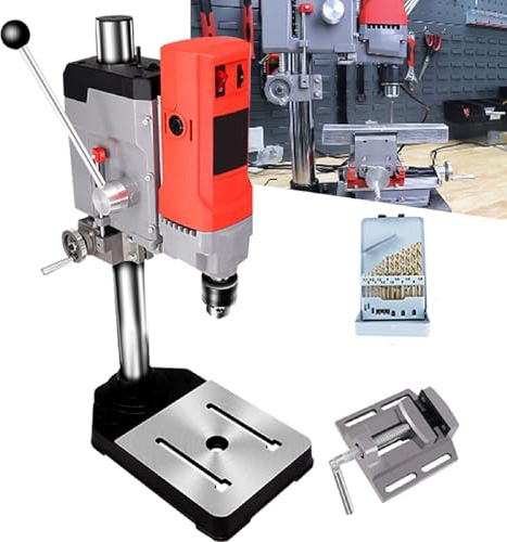 Support de perceuse à colonne pour perceuse à main, support de perceuse à colonne d'établi avec étau, volant relevable, réglage électronique de la vitesse à six vitesses avec base épaisse