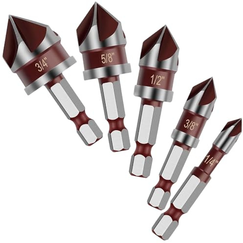 5PCS Countersink Drill Bit Set, 82° HSS Countersink Bits for Metal, Wood, Plastic, 1/4-3/4 Hex Shank Counter Sink Bit for Steel, Chamfer Drill Bits
