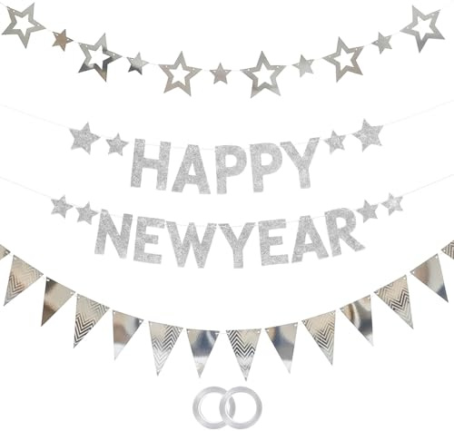 Whimzey Silvester Deko 2026 Party Girlande Set,Glitzer Happy New Year Girlanden+Stern Girlande+Wimpel,Silber Happy New Year Deko Silvester Banner,Neujahr Party Decoration,Neujahrs Silvesterdeko Banner