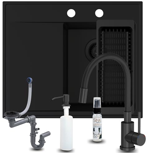 SINK QUALITY Spülbecken Komplettset mit Armatur 60x50 cm - Küchenspüle Schwarz mit Abtropffläche - inkl. Küchenarmatur, Seifenspender, Sieb, Siphon - Einbauspüle rechts für 40er Unterschrank