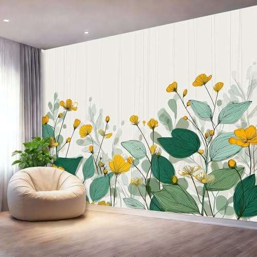 Panorama Carta da Parati Murale 200 x 140 cm, Acquerello Piante Fiori Foglie Carta da Parati Fotografica Verde Murale Adesivo da Parete Poster Effetto 3D Decorazione Soggiorno