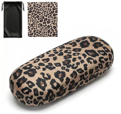 Zimoer Brillenetui Leo Damen Hardcase, Stabiles Brillenetui mit Leopardenmuster, Inklusive Brillenputztuch und Aufbewahrungsbeutel, Modisches Sonnenbrillen Etui Schutzhülle für Reisen und Alltag