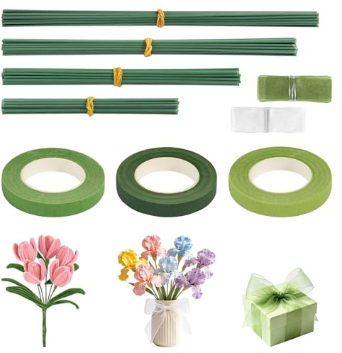 HURODZ 120 Stück Blumendraht Grün Set Floristikdraht mit 3 Floristenband & 2 Satinbändern, Blumendraht Stäbe Draht Grün Steckdraht Floristik für Bouquet Blumensträuße Blumenarrangements DIY Basteln