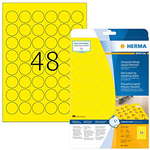 HERMA 8034 Wetterfeste Folienetiketten rund, 25 Blatt, Ø 30 mm, 48 pro A4 Bogen, 1200 Stück, selbstklebend, bedruckbar, matt, blanko Outdoor Signal-Etiketten Aufkleber aus Folie, gelb