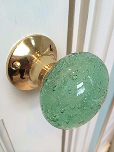 Chattels Beautiful Pair of Large Contemporary/Retro Round Mint Green Smooth Bubble Glass Brass Mortice Door Knobs/Handles PL