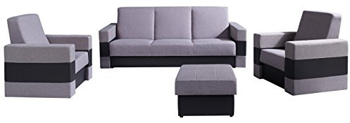 Polstergarnitur Gordia mit Bettkasten und Schlaffunktion, Sofa, Polsterhocker und Zwei Sessel, Wohnzimmer-Set (Soft 011 + Lux 05)