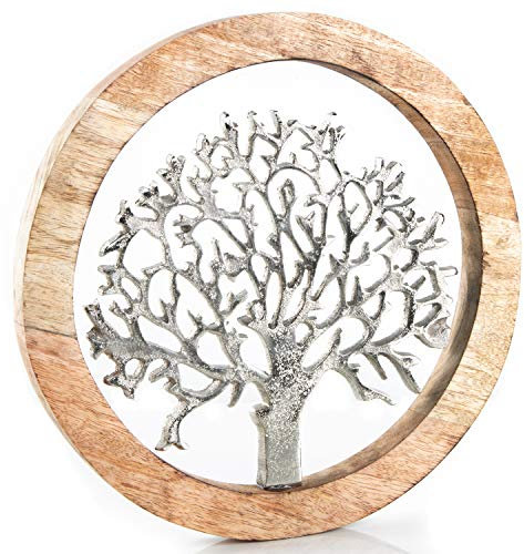 Logbuch-Verlag Lebensbaum Metall Alu mit Holz Wandbild zum Aufhängen oder Stellen silberfarben Hochzeit Symbol Geschenk 25 cm