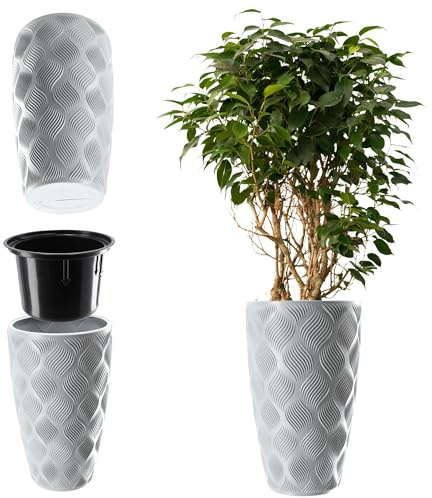 KADAX Blomkruka med insats och handtag, planteringslåda av plast i 5 storlekar UV-resistent kruka, väderbeständig växtvas, hög, 3D-effekt kruka grå hög