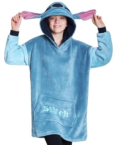 Disney Sudaderas con Capucha para Niña, Sudadera Stitch Niña, Batamanta Infantil, Bata Manta Polar Oversize Ropa para Niñas (Azul Stitch)