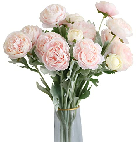 Htmeing 6-teiliges künstliches Ranunkelblumen-Set mit echt anfühlendem Stiel aus Seidenranunkeln für Hausarrangement (Rosa)