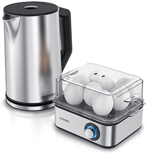 Arendo - Set Wasserkocher ELEGANT mit Eierkocher THREECOOK Edelstahl Silber, Wasserkocher 1,5L 40° - 100°C Warmhaltefunktion, Eierkocher 1-8 Eier, Messbecher
