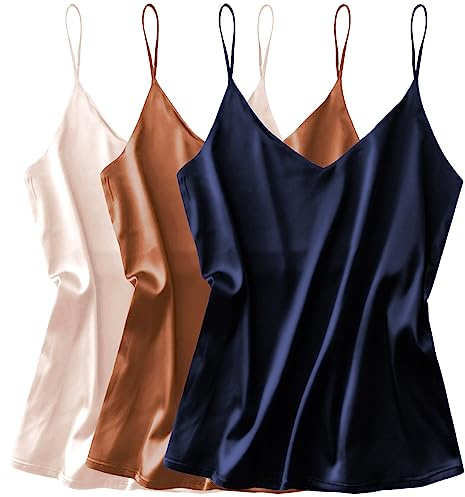 Ekouaer 3 Pack: Womens Silk Satin Tank Top V Neck Camisole Cami Spaghetti Strap Top Loose Sleeveless Blouses Tank Shirt
