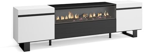 Skraut Home | TV-Schrank, Lowboard | für Wohnzimmer und Esszimmer | 200x57x35cm | Für TV-Geräte bis zu 80 | Elektrokamin. Maße | Industriedesign | Moderner Stil | Weiß und Schwarz