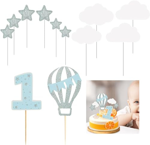 AZWOOD 12 piezas de decoración para tarta de primer cumpleaños, suministros de fiesta de cumpleaños con purpurina, globo aerostático, estrella, nube blanca, decoración de pastel de una cara para niños