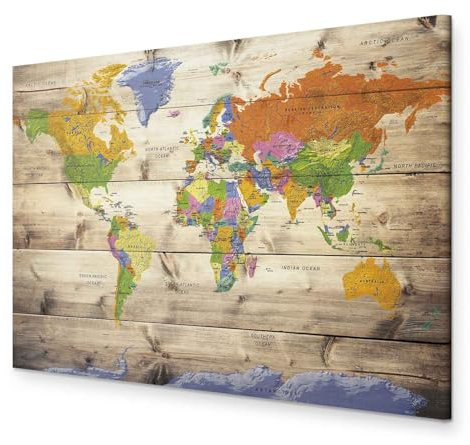 B&D XXL - Akustikbild Bilder Akustikschaum Hochleistungsschallabsorber Schallschutz Leinwand 1 tlg Wandbild Raumakustik Schalldämmung Poster Weltkarte Kontinente Welt Karte Holz