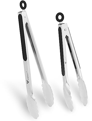 WINPOST Edelstahl-Küchenzangen-Set, 2–27 cm und 34 cm, Edelstahl und rutschfester, hitzebeständiger Griff – ideal zum Kochen, Salat, Grillen und Grillen (27 cm + 34 cm, schwarz)