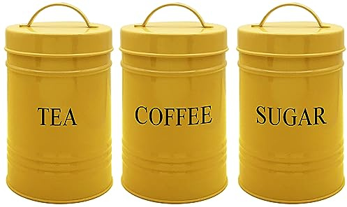 Nobel Set of 3 Kitchen Storage Tea Coffee Sugar Canisters,Storage, Powder Coated Ideal for Coffee Granules, Tea Leaves & Bags & Sugar Cubes (Yellow)