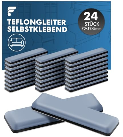 shinfly 24 Stück Teflongleiter Selbstklebend, Möbelgleiter Teflon - 70 x 19 mm (eckig), Stuhlgleiter Teflon - für Glatte Böden und Teppiche