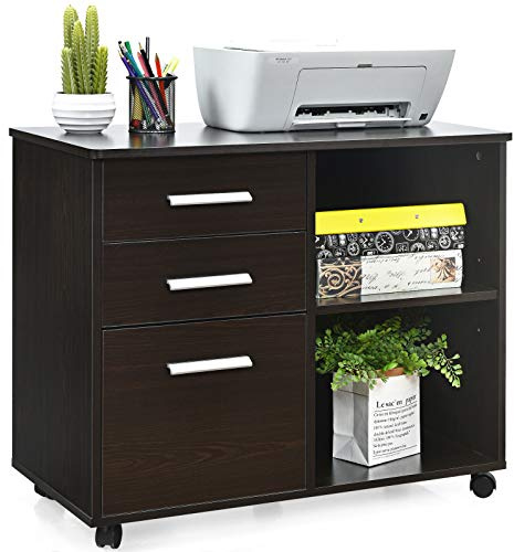 COSTWAY 3-Drawer Mobile File Cabinet, Lateral Stationery Storage Cabinet with 2 Open Storage Shelves and Wheels, Home Office Rolling Printer Stand Side Filing Cupboard (with Metal Handles, Coffee)