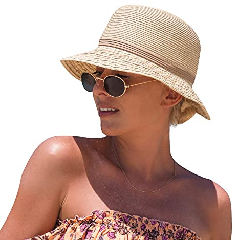 Comhats Damsolhatt, vikbar stråhatt för stranden, UV-skydd, sommarhatt, 92567_beige, M
