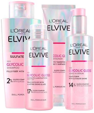L'Oréal Paris Elvive Glycolic Gloss Balsamo da 150ml + Shampoo da 200ml + Siero Senza Risciacquo da 150ml + Trattamento Laminazione 5 minuti da 200ml per Capelli Spenti e Porosi - 4 flaconi