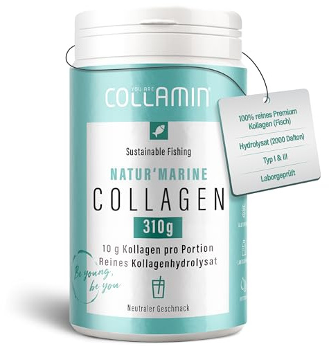 Collamin® Natur'Marine Collagen Pulver - 310g I Reines Kollagen Pulver - Gute Löslichkeit I 100% Kollagenhydrolysat (Fisch) ohne Zusatzstoffe & Nachgeschmack I Meereskollagen - Made in Switzerland