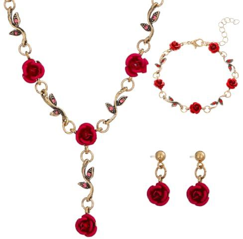 ZAMXHUG Romantische Rote Rosen Blume Blatt Schmuckset - Halskette Ohrringe Armband Set für Damen Brautschmuck Hochzeit Brautjungfer Schmuck Set für Frauen Mädchen