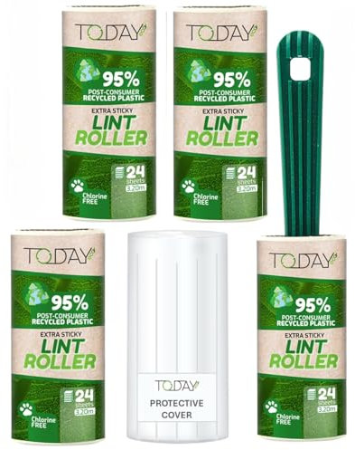 Today Eco - Fusselrolle 4 Rollen mit 1 Abroller + Deckel, 95% recyceltes Material - 24 Lagen Lagen Fusselrolle Tierhaare Easy-Peel. Geeignet für Haare, Staub und Kleidung