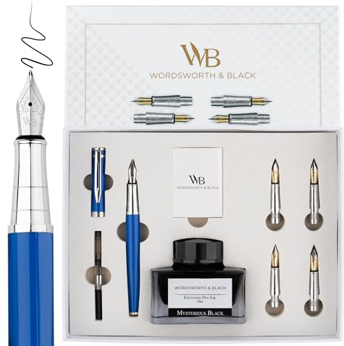 Wordsworth och svart reservoarpenna presentpaket, inkluderar bläckflaska, påfyllningsomvandlare, ersättningsspetsar, premiumpaket för journalföring och kalligrafi – blå krom