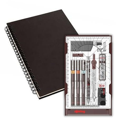rOtring Isograph S0699390-3 Fineliner und Bleistift College Set Technische Stifte (0,20 mm, 0,40 mm, 0,60 mm) und Druckbleistift (0,5 mm) | Zubehör mit schwarzem Notizbuch