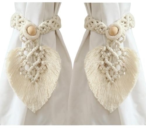 janeunique 2 Stück Vorhang Raffhalter Boho Deko, Gewebte Blätter Makramee Gardinenhalter, Vorhang Seil schnallen für Wohnzimmer, Schlafzimmer - Beige