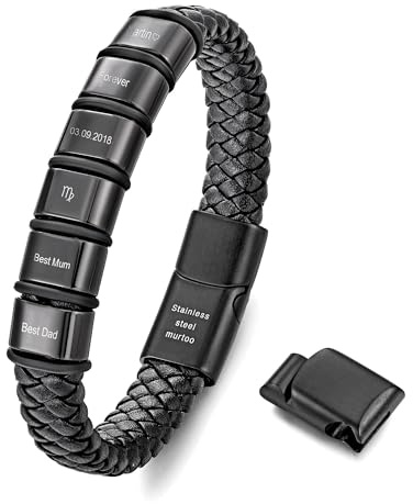 murtoo Armband Herren Leder, personalisierbares geflochtenes Armband Schwarz mit Gravur und anpassbarer Länge, Edelstahl Magnetverschluss