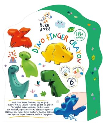 Haku Yoka 6303113 Finger-Wachsmalkreide, Dino, 6 Wachsmalstifte in Dinosaurier-Formen, leicht zu greifen, ideal für kleine Hände, ohne Abfärben für Kleinkinder ab 18 Monaten