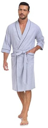 COLORFULLEAF Leicht Bademantel Herren aus 100% Baumwolle Sauna Morgenmantel Männern weicher lange Kimono Reisebademantel(Grau,M)