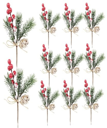 Stechpalmen-Weihnachtsspieße, 10 Stück, 22,9 cm, realistische Stechpalmenbeeren-Spieße, künstliche Tannenzweige mit Tannenzapfen zum Basteln, Weihnachtsblumenarrangements, Kränze, Bastelbedarf, Stechp