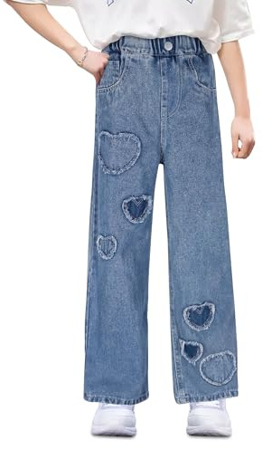 FILOWA Baggy Jeans Filles Enfants Wide Leg Denim Pantalon avec Taille Élastique Jambes Larges Jean Loose Fit Cœur Patch Pantalon Stretch Décontracté Denim Pants avec Poches Streetwear pour 9-10 Ans