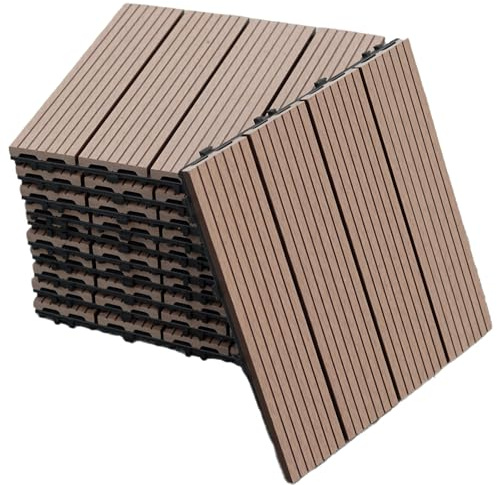Gr8 Garden 11 Piece Wooden Stripe Effect WPC Composite Classic Interlocking Floor Decking Tiles Outdoor Patio Garden Lawn Balcony Floor Play Area Deck Terrace Set (Coffee)