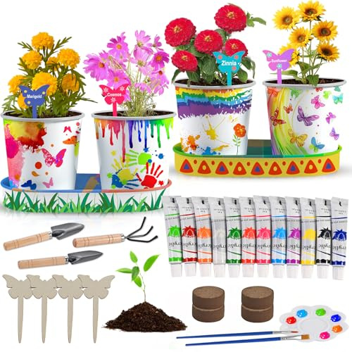 Tigvio Pflanzset Kinder, Blumentopf zum Bemalen mit 4 Verzinktes Töpferset, Bastelset und Malset für Kinder ab 5-12 jahre, Mädchen Jungen Geschenke für Ostern Weihnachten Kindergeburtstag