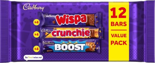 Cadbury Mixed Chocolate Bar Value Pack, 347.2 g Total (Pack of 1) | 12 Bars (4 x Each), Includes Wispa, Crunchie & Boost Bars, Individually Wrapped, For Sharing, For Snacks & Treats