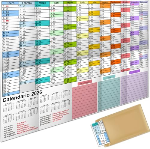 AEYAKA Calendrier mural 2026 - Grand calendrier annuel A1 avec aperçu des jours fériés - Calendrier hebdomadaire - Calendrier plié - 57 x 87 cm - Espagnol