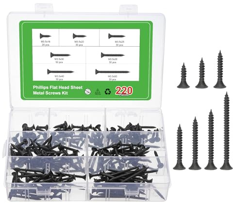 sourcing map 220pcs Phillips Flat Sheet Metal Screw M3.5 Carbon Steel Black | Flat Head M3.5x16/20/25/30/35/40/50mm Cross Drive Self Tapping Wood Screws Chipboard Screw for Sheet Metal, Wood