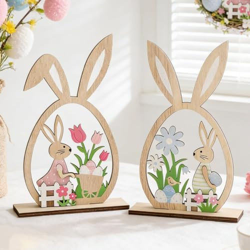 Kaezuy Osterdeko Holz Hase, 2 Stück Osterhase Deko aus Holz, Ostern Hase Aufsteller, Modern Osterdeko zum Hinstellen, Kaninchen Tischdeko für Ostern Frühling Geschenk Osterdekoration