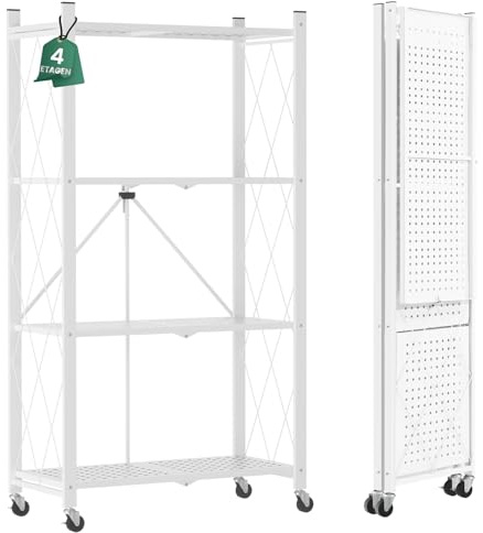 ALANNG Klappregal mit Rädern - Standregal mit 4 Ablagen, Bücherregal aus Metall - Montagefrei & Stabil - Für Küche, Wohnzimmer, Keller, Büro - Weiß