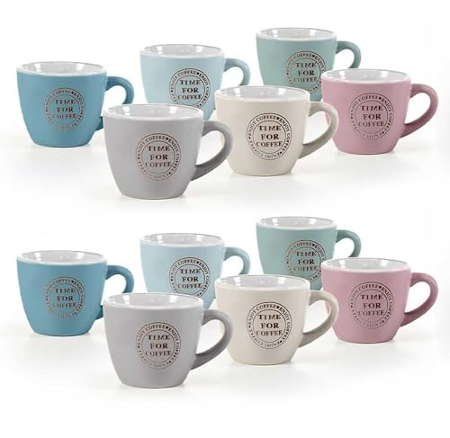 MA MAISON Set 6/12 Tazzine da Caffè - con Scritte Time For Coffe, Colori Pastello, 80 cc / 90 cc, Ideali per Espresso, Idea Regalo, Assortito (12, Pastello Time For Coffe)