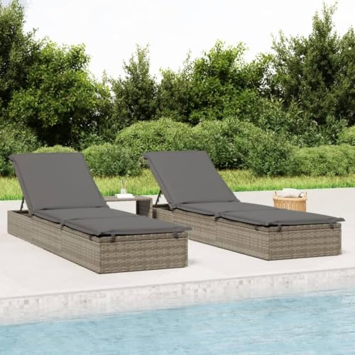 Mandloder Sonnenliege mit bequemer Auflage 201x55x62 cm, wetterfestes PE-Rattan, Stabiler Stahlrahmen, verstellbare Gartenliege Relaxliege für Balkon Pool Grau