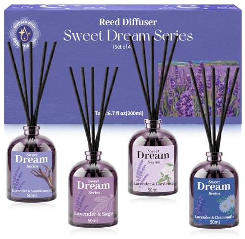 SCENTORINI Luftfräschare med doftpinnar, Gardenia, Salvia, kamomill och sandelträ med eterisk lavendelolja, vasspridare, 4 x 50 ml doftande för rum, badrum, kontor, skåp